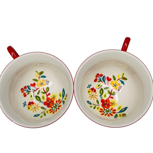 ANTHROPOLOGIE Cadiz Coffee Tea Cup Mug Painted Floral Design 3D Flower Red Set - Picture 8 of 16